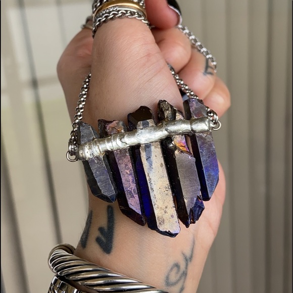 Dark purple aura crystal steel necklace boho gems - Picture 7 of 10